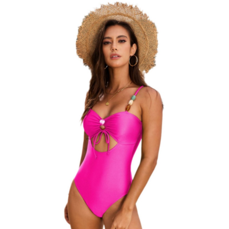 Tummy Control Texture Beaded One Piece Swimsuit Solid Color Swimsuit